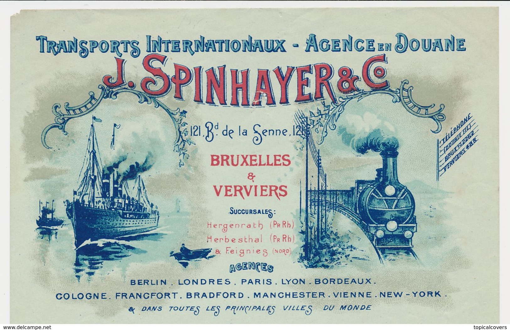 Factuur / Brief Bruxelles / Brussel 1905 - J. Spinhayer - International Transports - Steamship - Steam Train - 1900 – 1949
