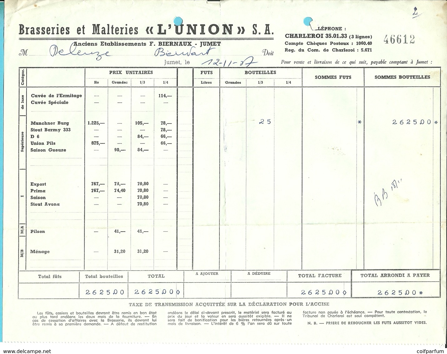 BRASSERIE ET MALTERIE L'UNION / F.BIERNAUX - JUMET 1957 (F534) - 1950 - ...