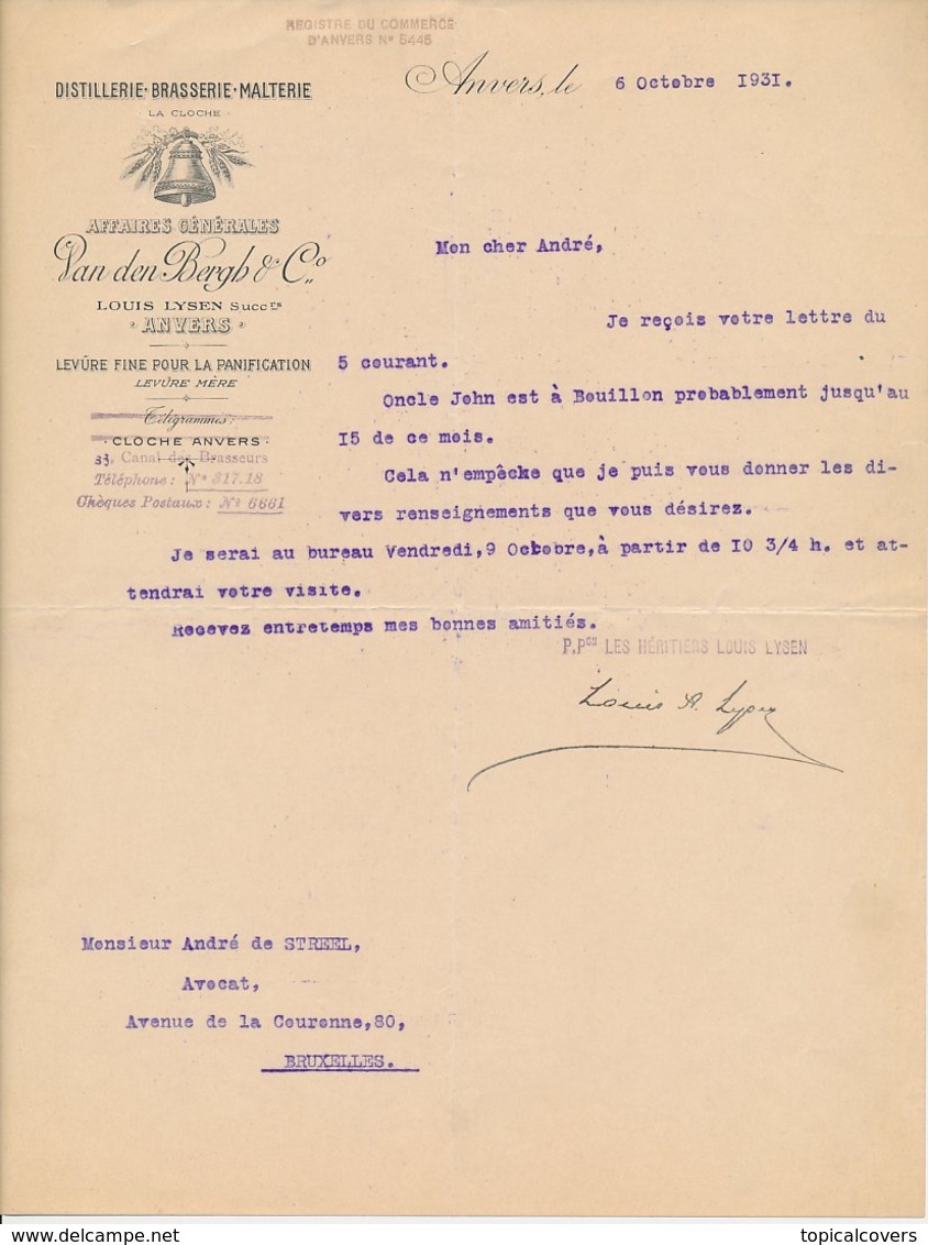 Factuur / Brief Anvers / Anwerpen 1931 - Distillerie - Brasserie - Malterie - Distillery - Beer Brewery - Malting - Bell - 1900 – 1949