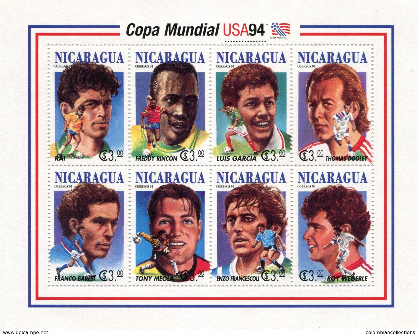 Lote 1994, Nicaragua, 2042, Pliego, Sheet, USA 94, Soccer, Football, Futbol, Players, Freddy Rincon, FIFA - Nicaragua