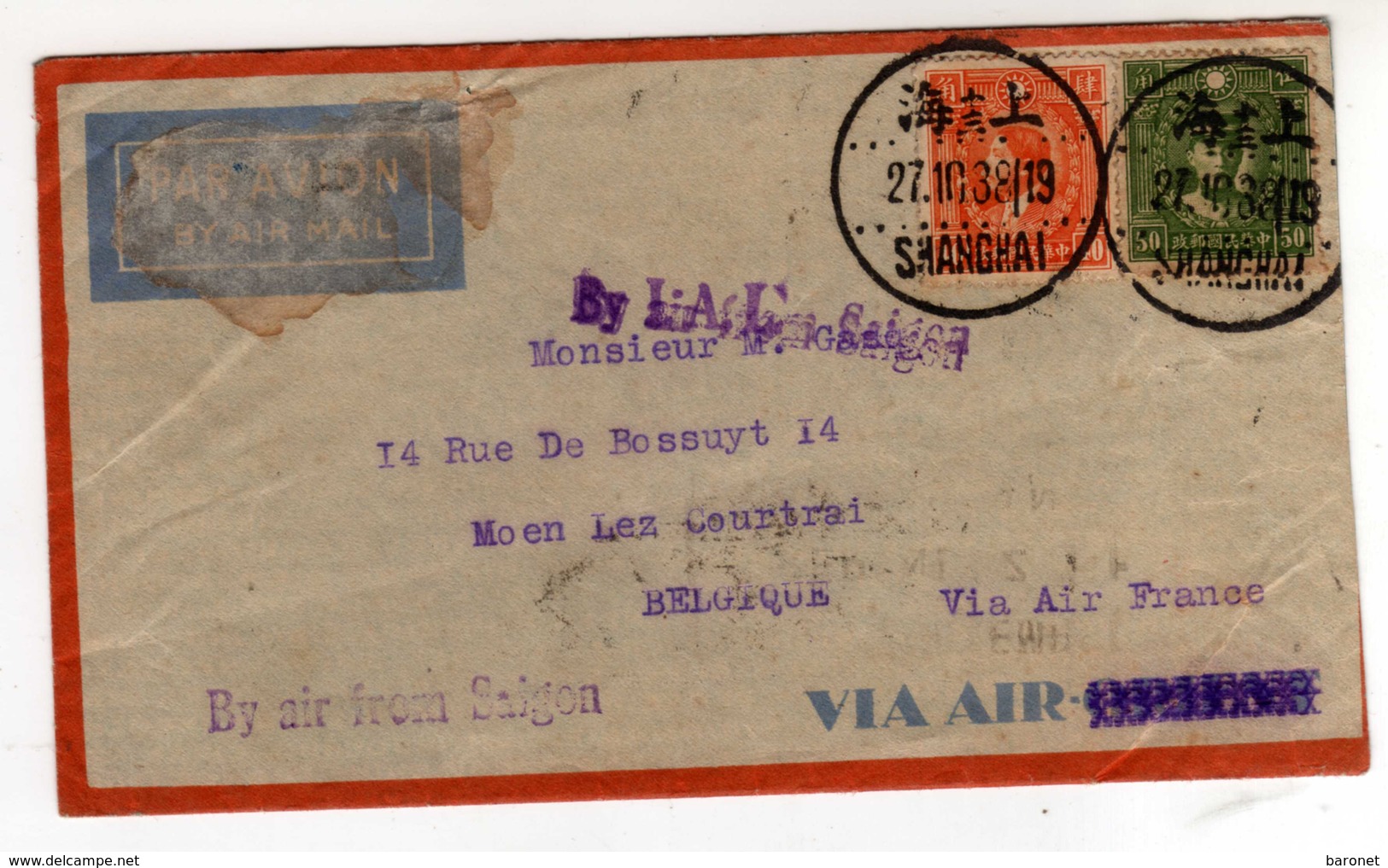 L Par Avion Tad Shanghai 27 10 39 Pour La Belgique - 1912-1949 République