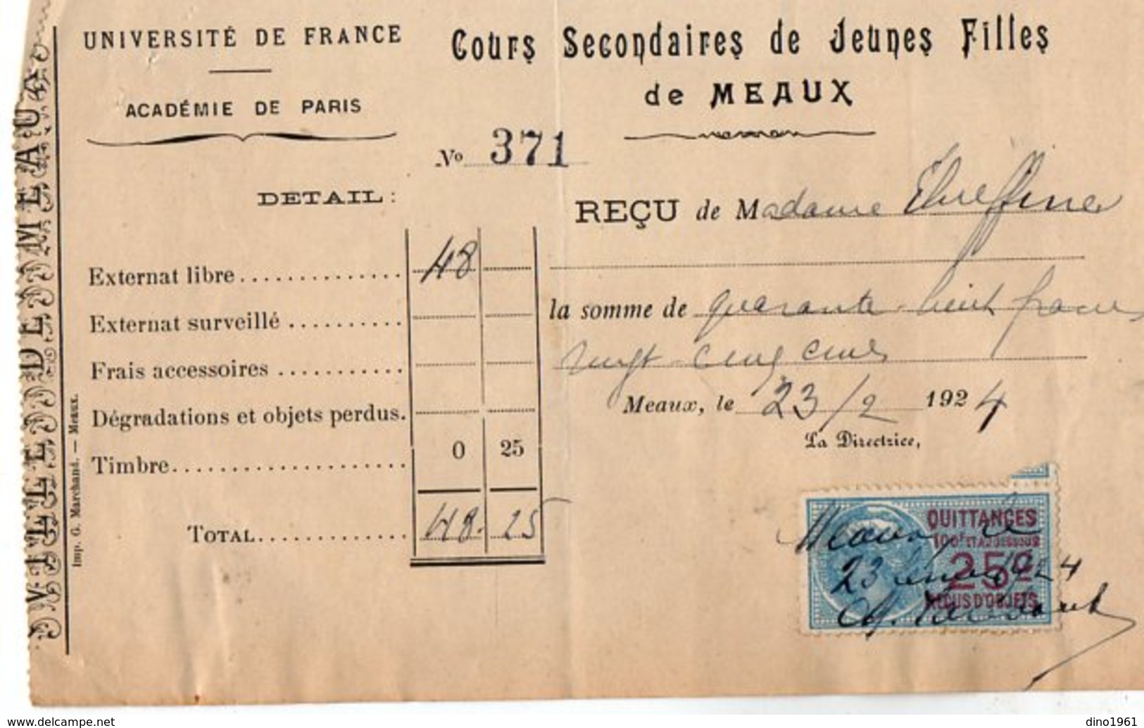 VP14.199 -  MEAUX - Lettre & 3 Reçus - Université De France - Académie De PARIS - Cours Secondaires De Jeunes Filles - Collections