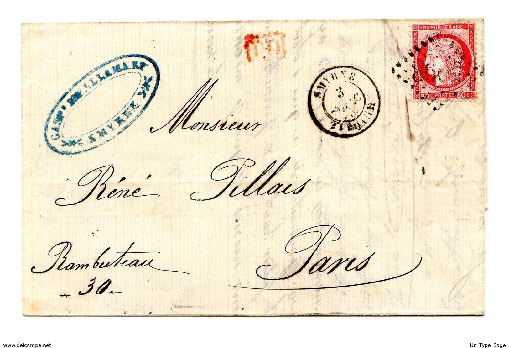 France N°57 Sur Lettre De Smyrne (Turquie) GC 5098 Pour Paris - (B2080) - 1849-1876: Période Classique