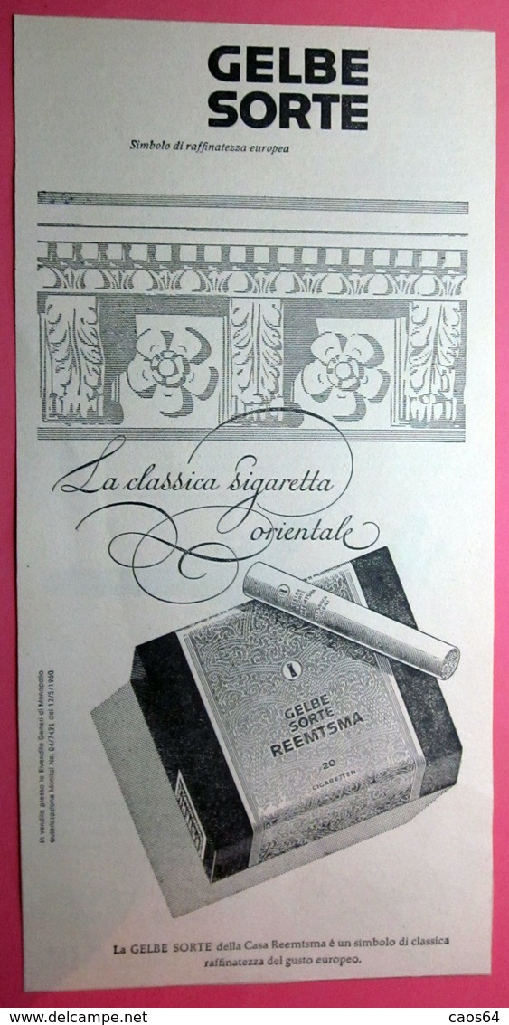 GELBE SORTE REEMTSMA   PUBBLICITA' ORIGINALE PICTURE OF VINTAGE PAPER 1960 SIGARETTE - Objets Publicitaires