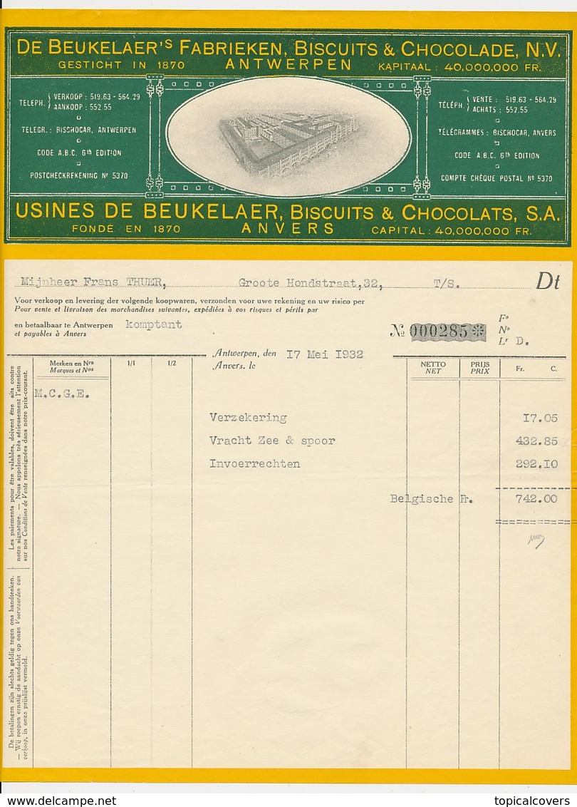 Factuur / Brief Anvers / Antwerpen 1932 - De Beukelaer - Biscuits - Chocolats - Chocolade - 1900 – 1949