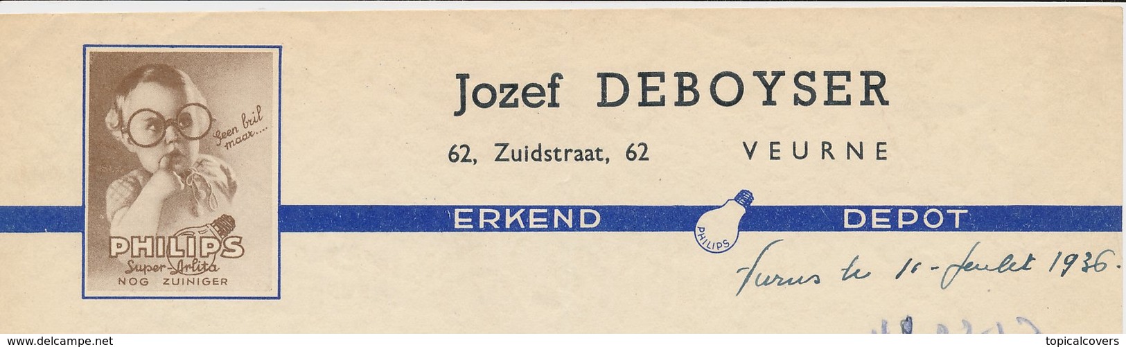 Factuur / Brief Veurne1936 - Jozef DeBoyser - Philips - Light Bulb - 1900 – 1949