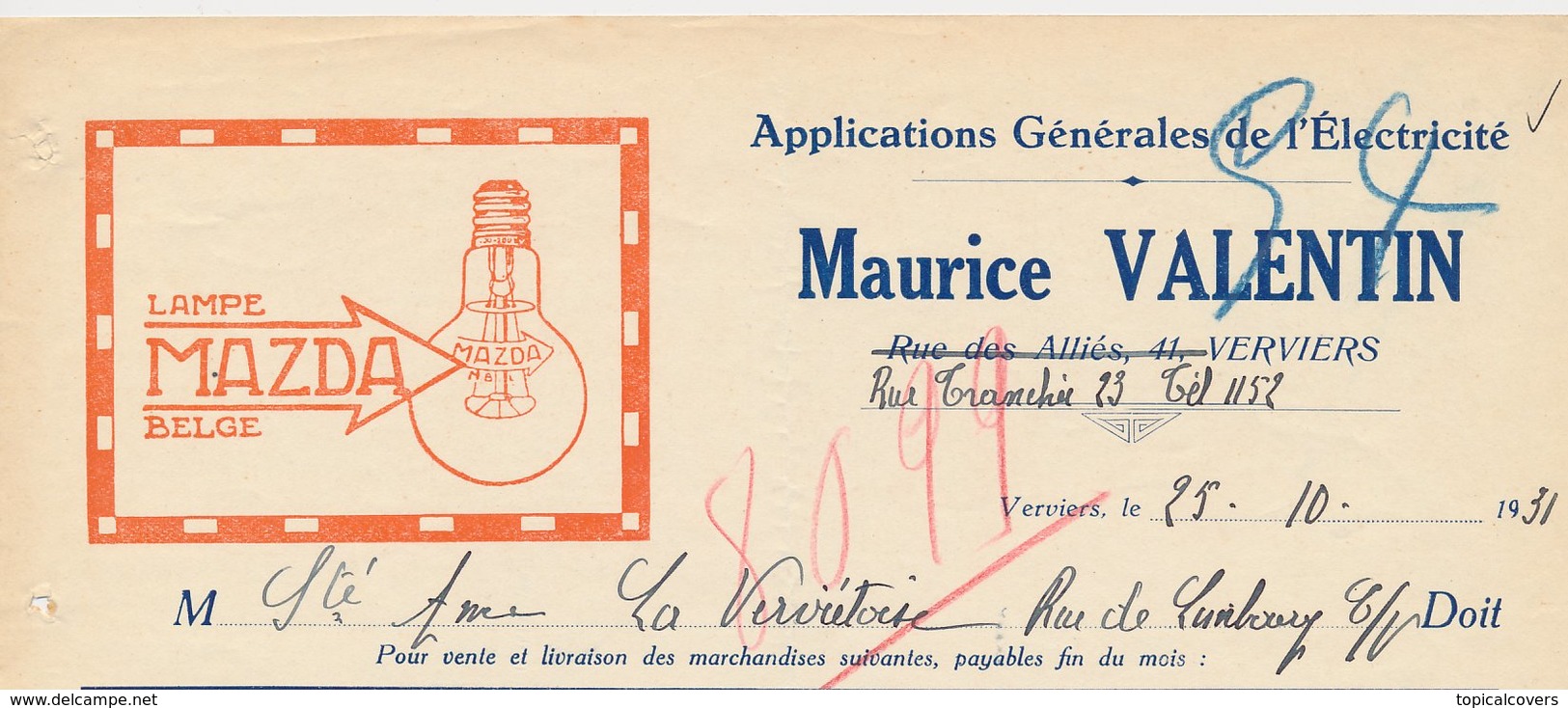 Factuur / Brief Verviers 1931 - Maurice Valentin - Mazda Light Bulb - 1900 – 1949