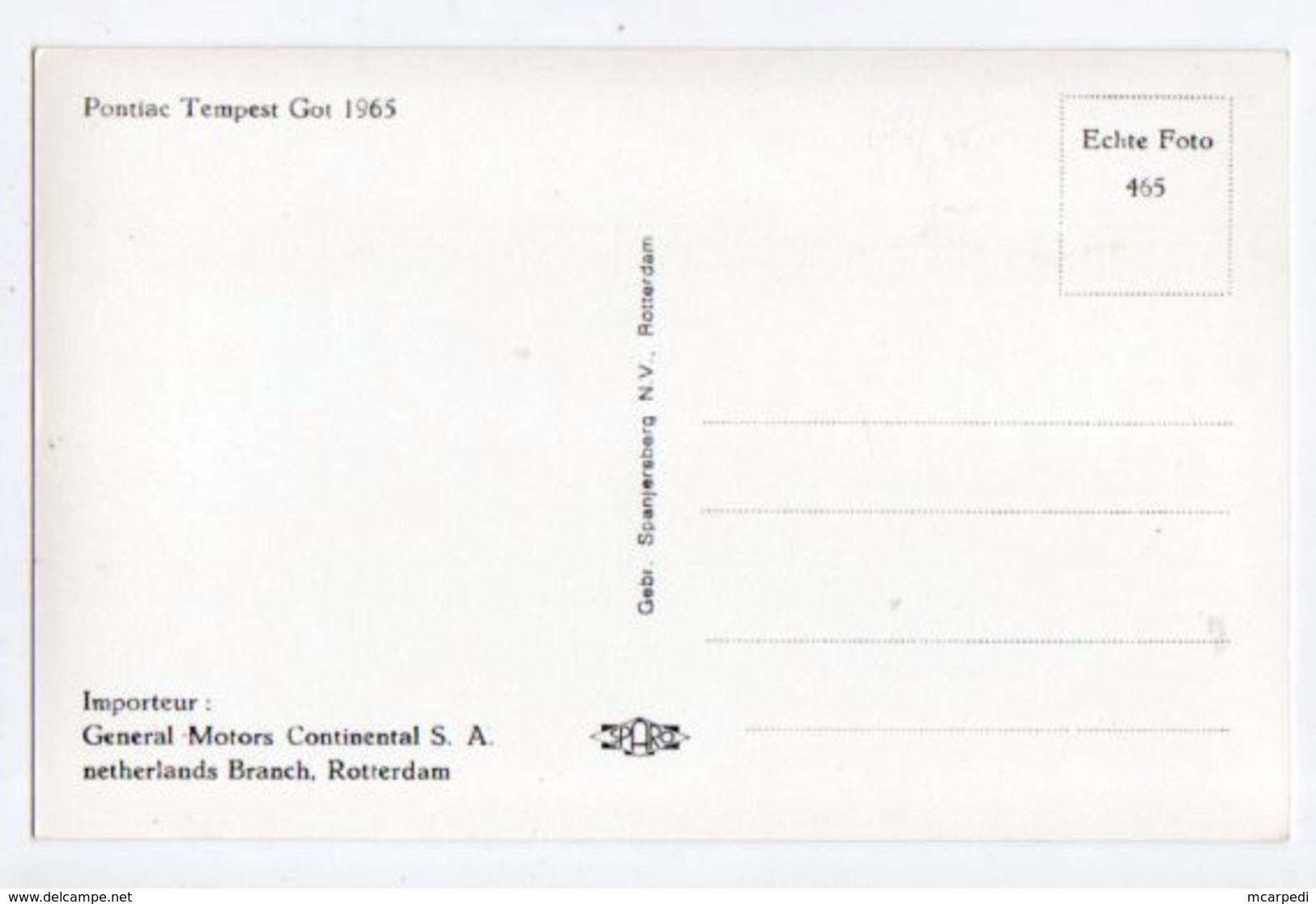 < Automobile Auto Voiture Car >> Pontiac Tempest 1965, Carte Concessionnaire Dealer Card Hollande GM - PKW