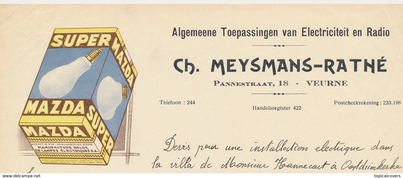 Factuur / Brief Veurne  1931 - Ch. Meysmans - Ratné - Mazda Light Bulb - 1900 – 1949