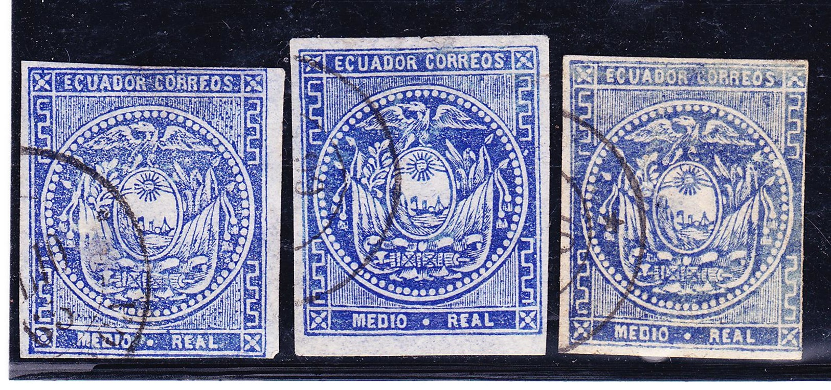 ECUADOR 1865-1867 COAT OF ARMS HALF REAL BLUE FIRST EMISSION CANCELLED OF 3 FIRST YEARS 65'-66'-67 SC# 2 - Ecuador