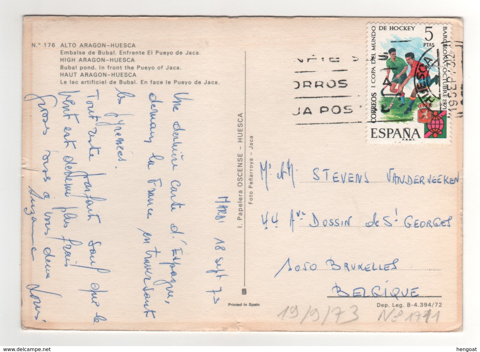 Timbre , Stamp Yvert N° 1711 " Hockey " Sur CP , Carte , Postcard Du 19/09/1973 ( Petite Fente Côté De La Carte ) - Lettres & Documents