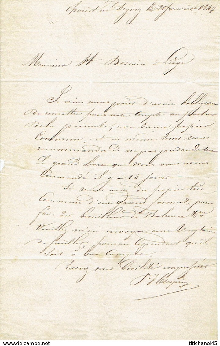 Précurseur Lettre Du 20/1/1847 Envoyée Par Porteur D'Yvoz à LIEGE - Signé J. CRESPIN - 1830-1849 (Belgique Indépendante)