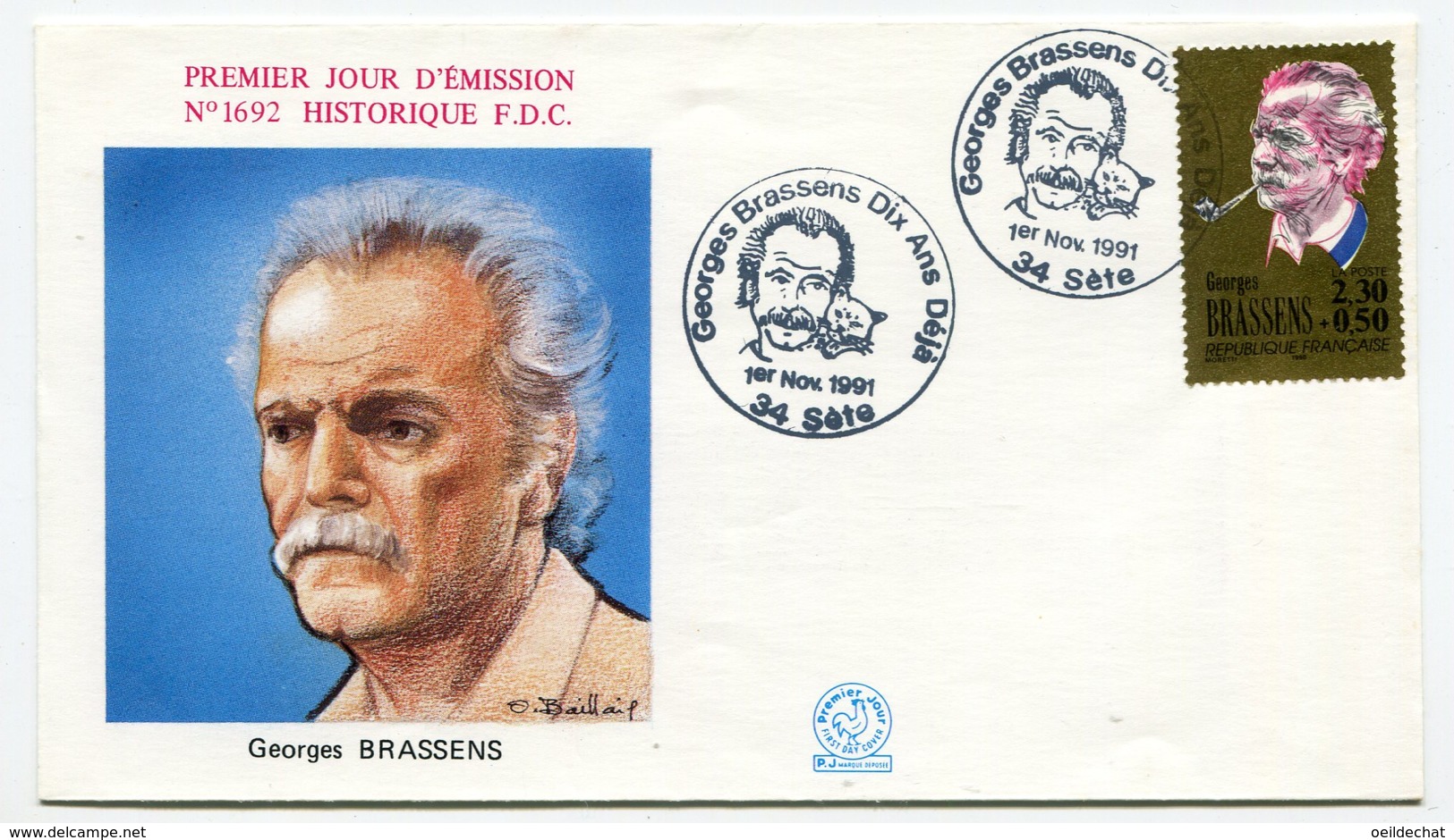 10755 FRANCE  N°2654 Georges Brassens  Dix Ans Déja   OSI  Séte   Du 1.11.91  TTB - 1990-1999