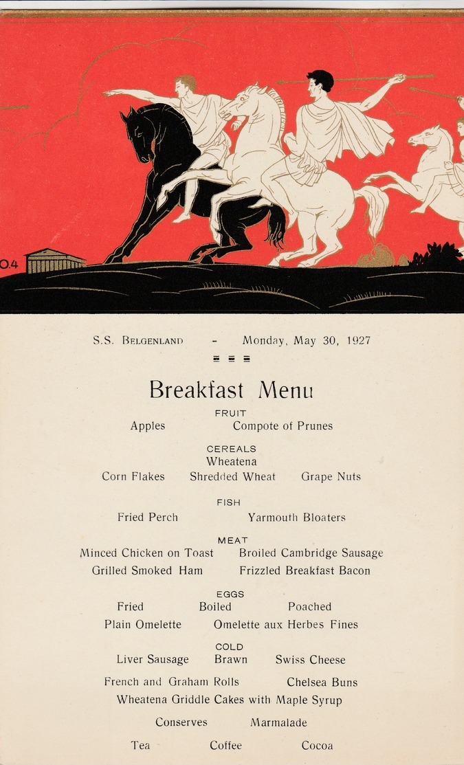 RED STAR LINE (Anvers ,Antwerpen ),S.S.BELGENLAND , BREAKFAST  Menu , Du 30 May 1927,Art Déco, Les Romains - Steamers