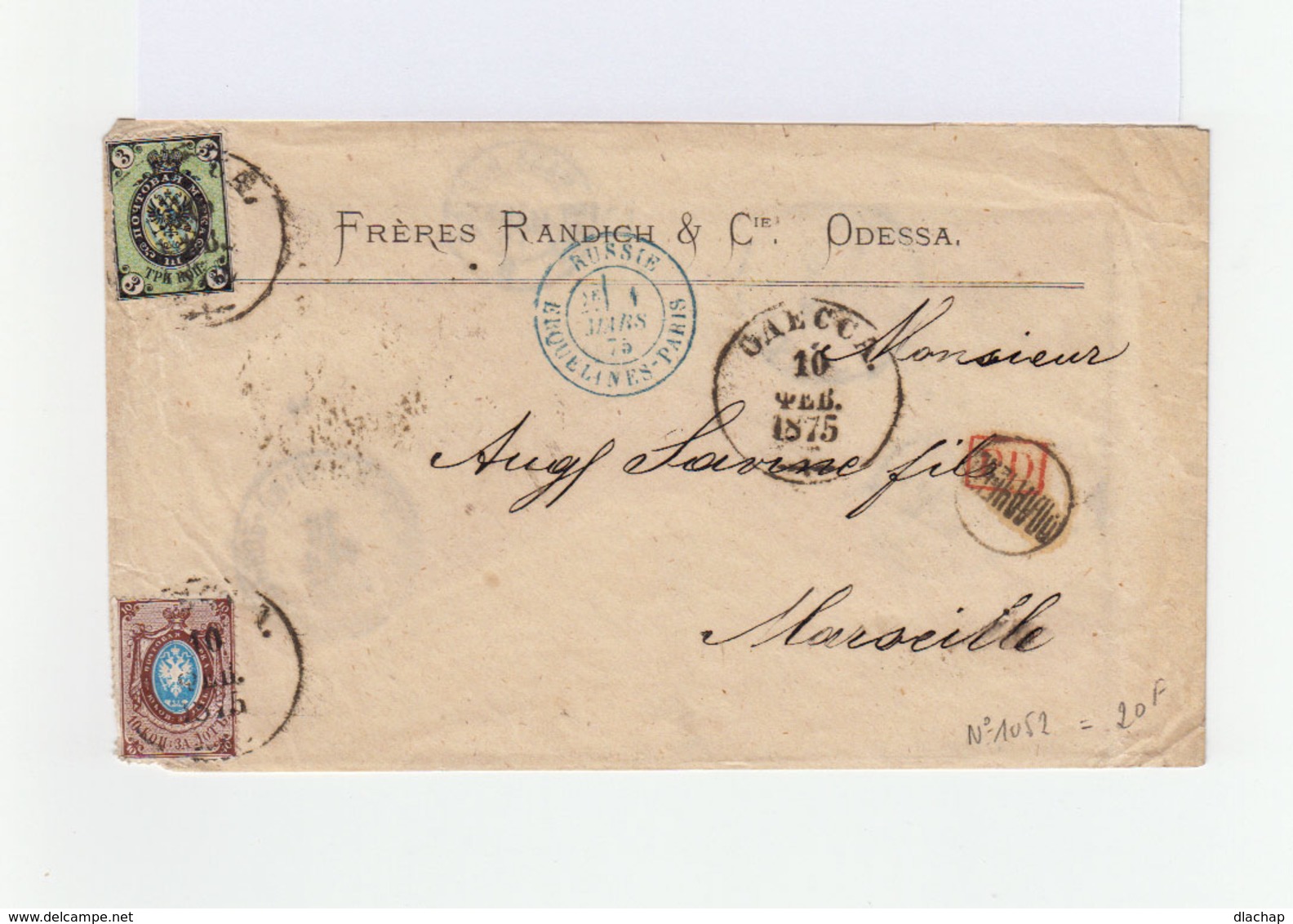 Sur Enveloppe 2 Timbres Empire Russe Armoiries 3 K. Et 10 K. CAD Odessa 1875. Cachet Bleu D'entrée Erquelines. (1016x) - Machines à Affranchir (EMA)