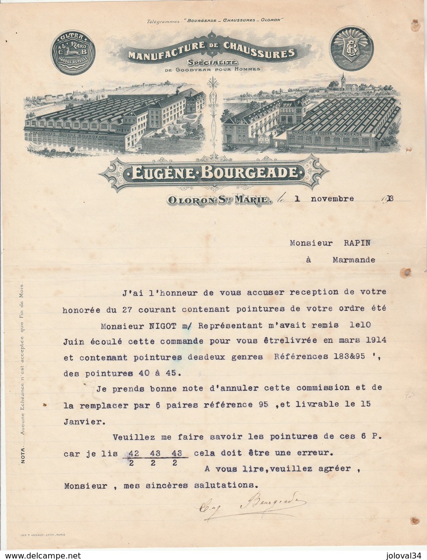 Lettre Illustrée 1/11/1913 E BOURGEADE Chaussures Goodyear OLORON STE MARIE Basses Pyrénées - Papin Marmande - 1900 – 1949