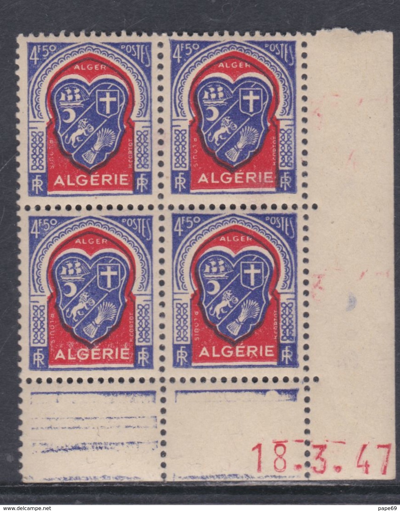 Algérie N° 263 XX Armoiries : 4 F.50 Outremer Et Rouge, En Bloc De 4 Coin Daté Du 18 .3 . 48 ; 1 Pt Blanc Sans Char., TB - Neufs