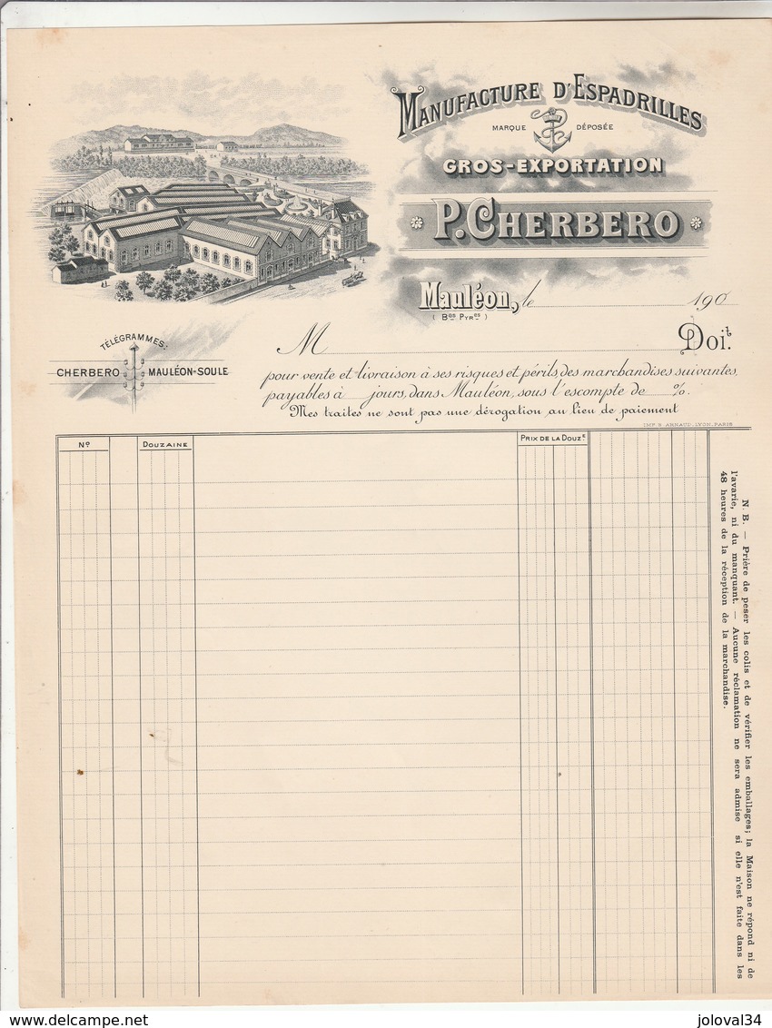 Facture Illustrée Neuve P CHERBERO Espadrilles MAULEON Basses Pyrénées - 1900 – 1949