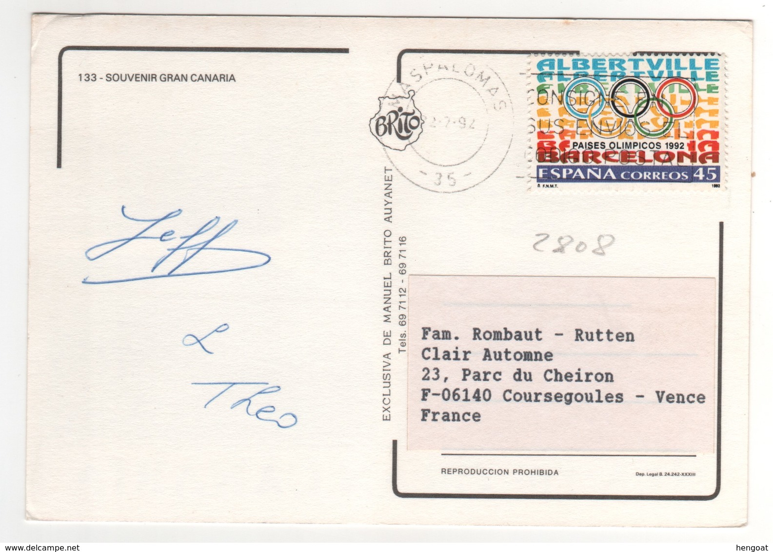 Timbre , Stamp Yvert  N° 2808  Sur CP , Carte , Postcard Du 22/07/1992 Pour La France - Lettres & Documents