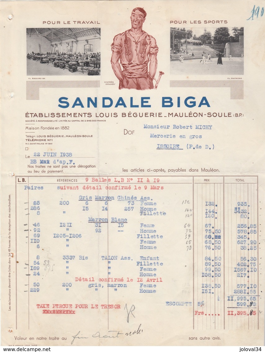 Facture Illustrée 22/6/1938 Béguerie Sandale BIGA MAULEON SOULE Basses Pyrénées à Michy Issoire Puy De Dôme - 1900 – 1949