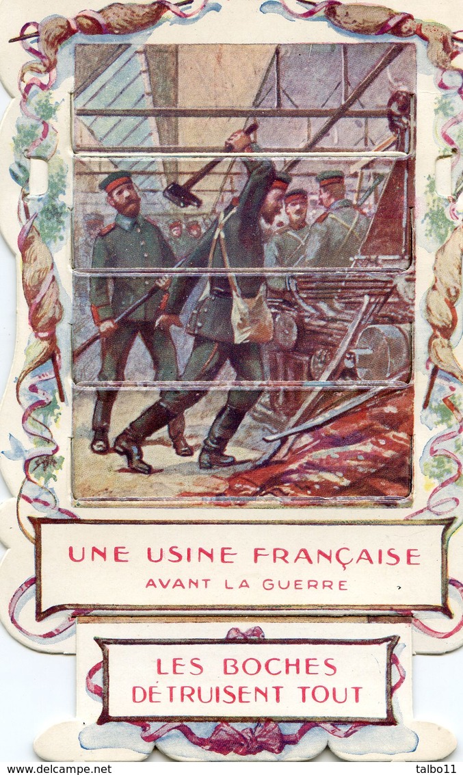 Image à Systheme, Tirette Faisant Apparaitre Une 2ième  Image - Patriotique - Anti Allemande -Une Usine Francaise Avant - Autres & Non Classés