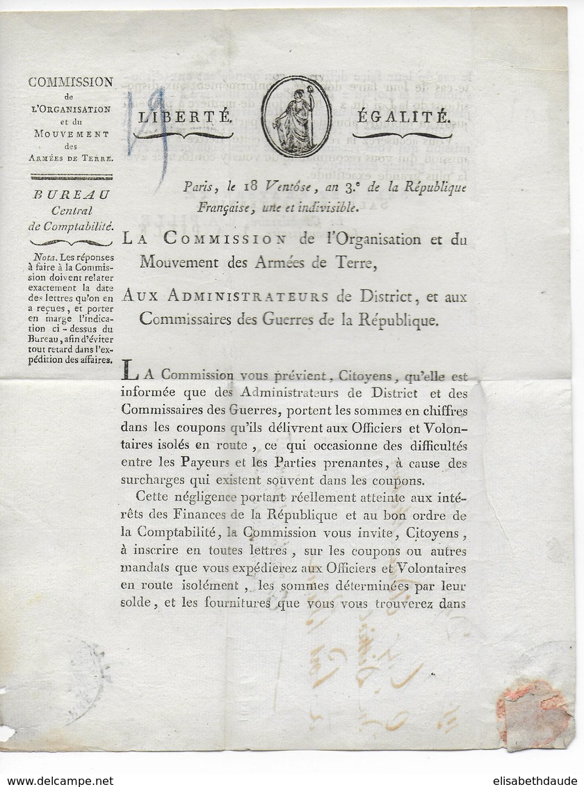 AN 3 (1794) - LETTRE IMPRIMEE En FRANCHISE De La COMMISSION De L'ORGANISATION Et Du MOUVEMENT Des ARMEES - COTES DU NORD - Armeestempel (vor 1900)