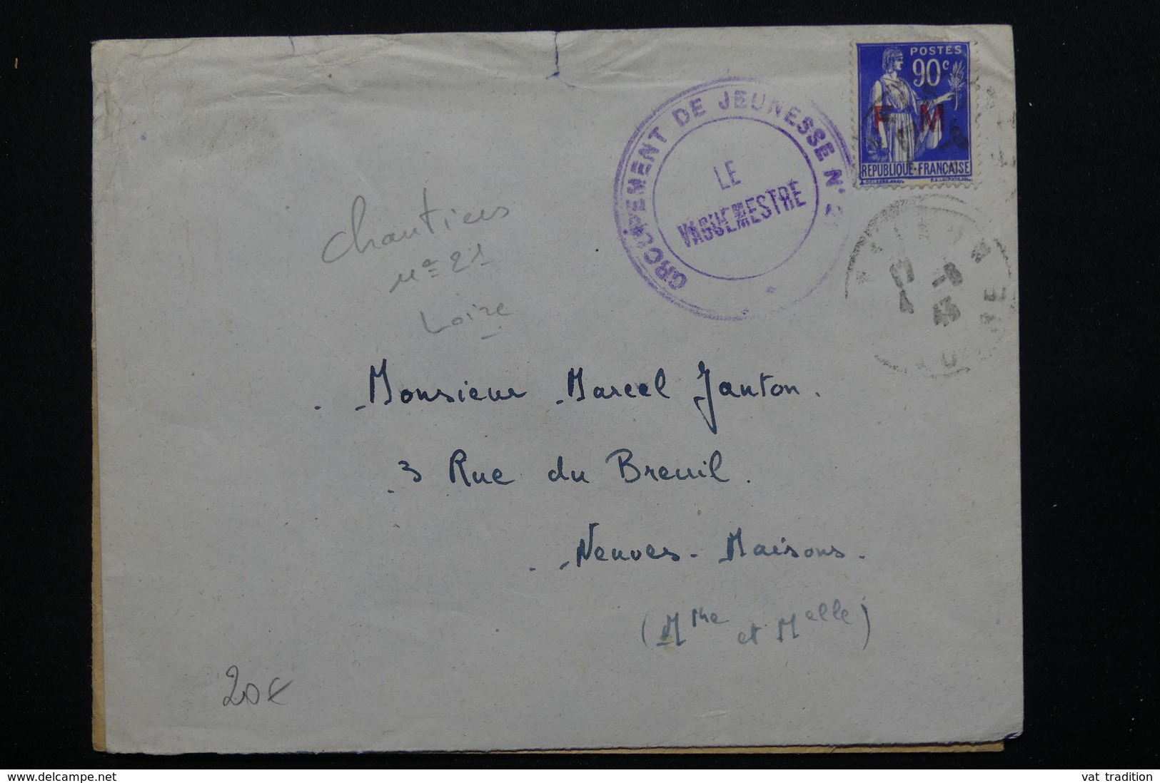 FRANCE - Enveloppe En FM Du Chantier De Jeunesse 21 En 1943 Pour Neuves Maisons, Vignette Pétain Au Verso - L 20823 - Guerre De 1939-45