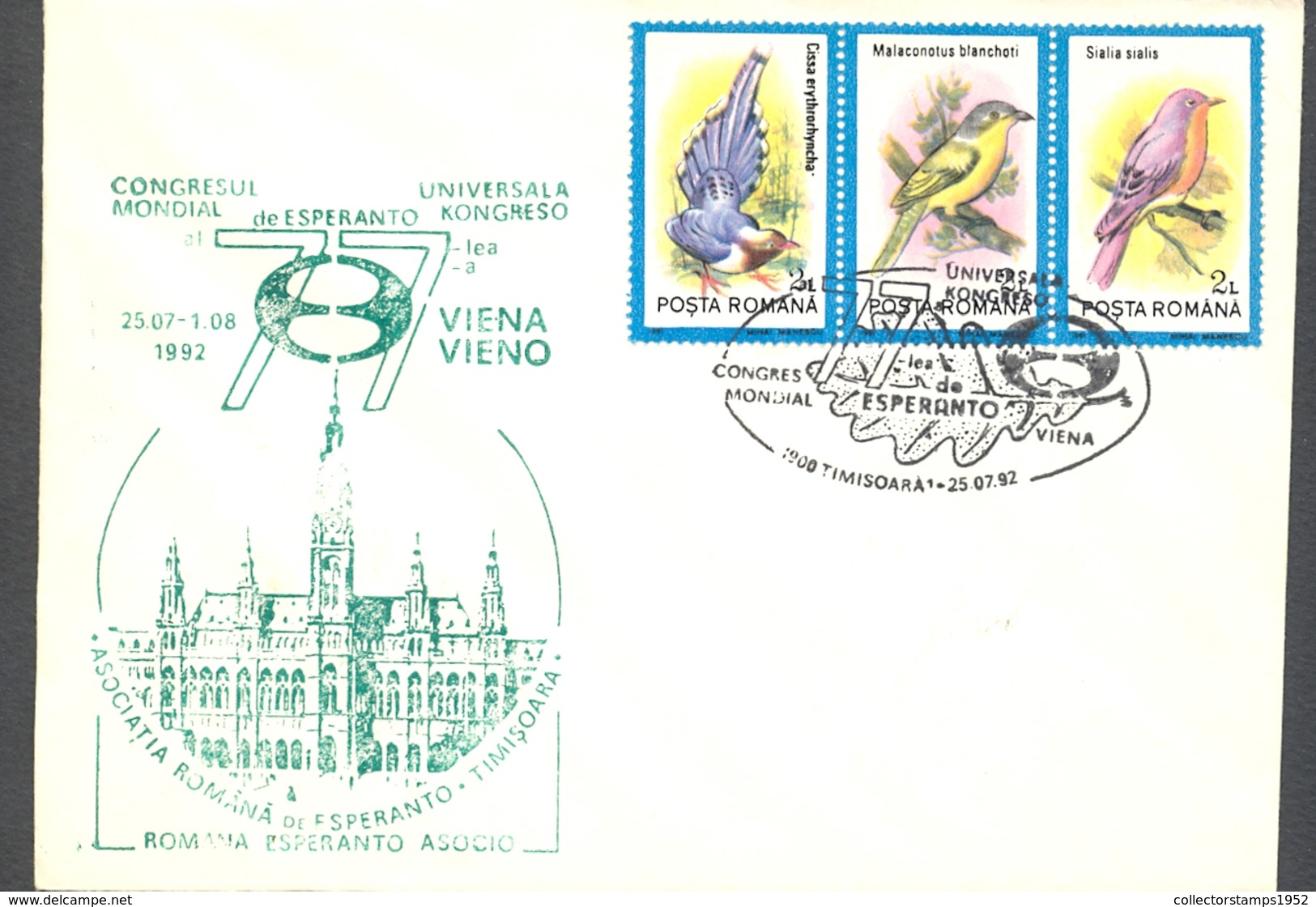 74982- VIENNA WORLD ESPERANTO CONGRESS, SPECIAL COVER, BIRDS STAMPS, 1992, ROMANIA - Esperanto