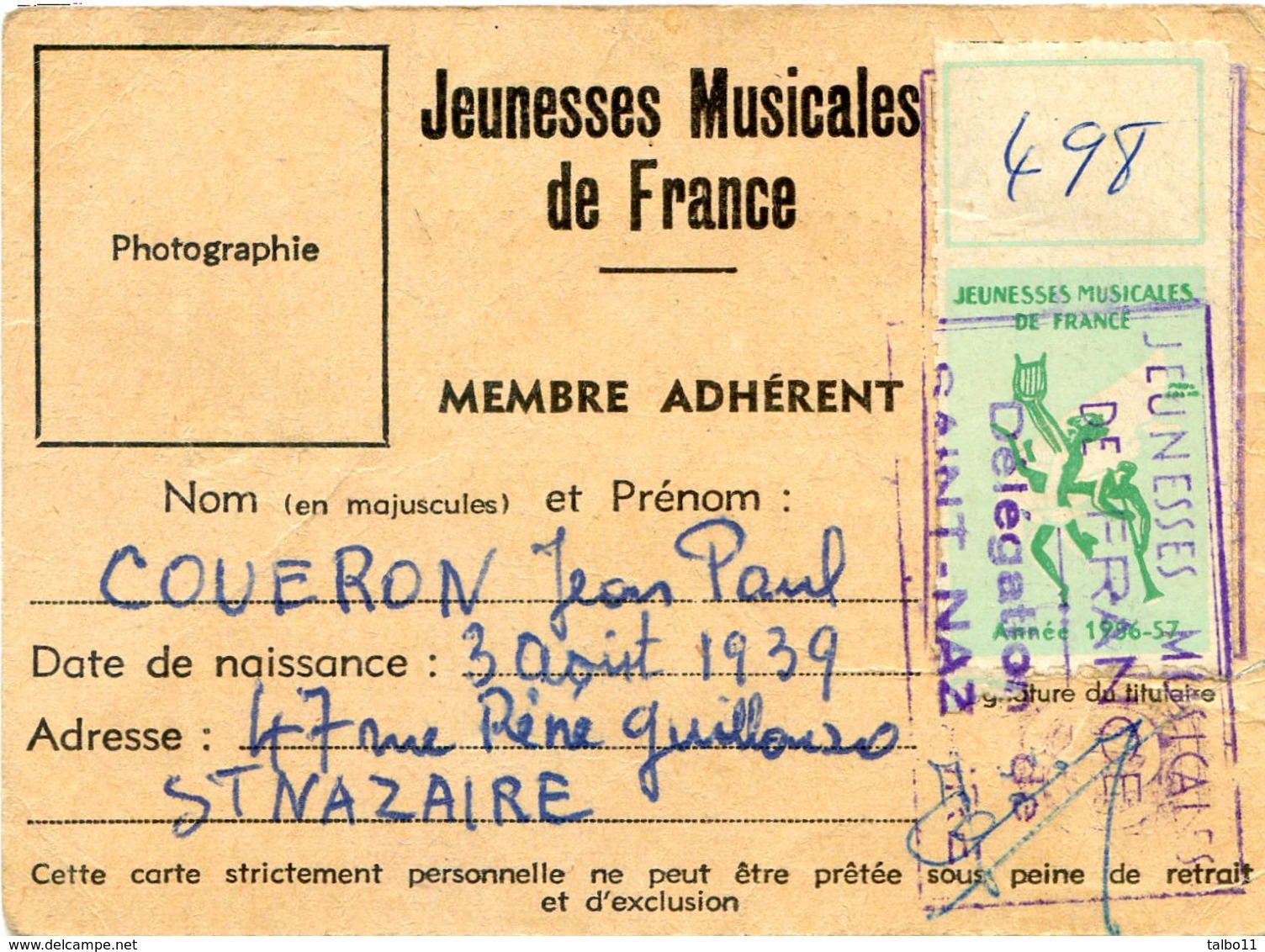 Carte De Membre Adhérent Aux Jeunesses Musicales De France - Saint Nazaire - J P Couéron - Autres & Non Classés