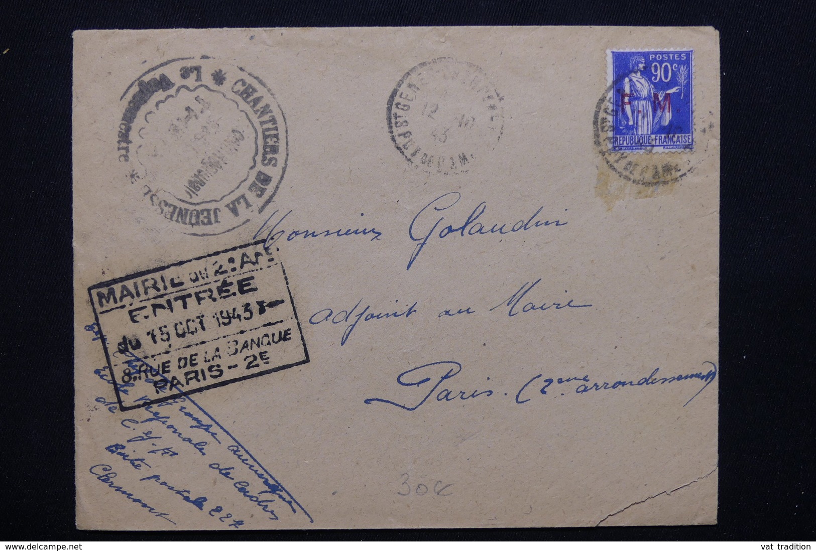 FRANCE - Enveloppe En FM D' Un Chantier De Jeunesse Pour Paris En 1943 - L 20824 - Guerre De 1939-45