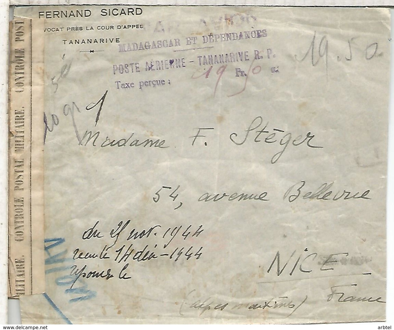 MADAGASCAR TANANARIVE 1944 AIR MAIL COVER CENSORED TO NICE - Cartas & Documentos