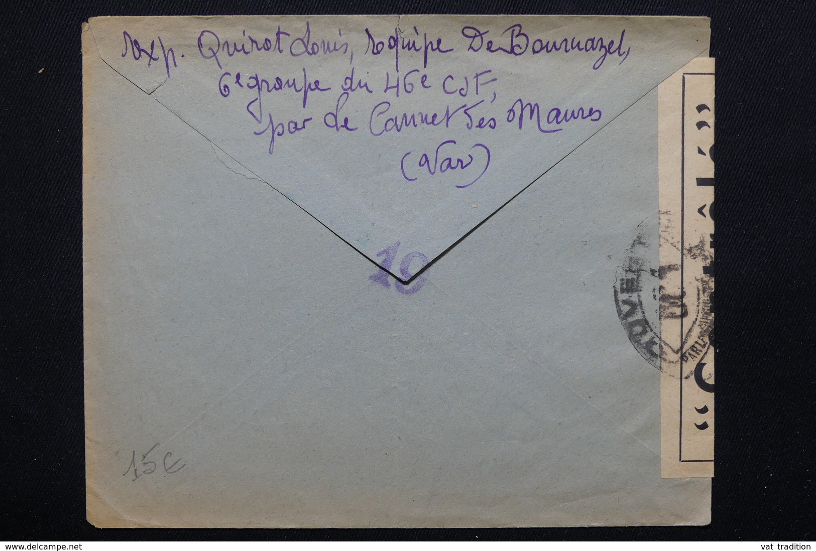 FRANCE - Enveloppe En FM Du 46ème Chantier De Jeunesse Pour Nice En 1943 , Contrôle Postal - L 20825 - Guerre De 1939-45