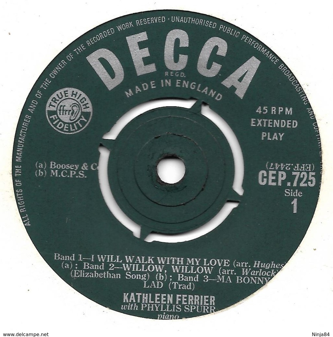 EP 45 RPM (7")  Kathleen Ferrier  "  I Will Walk With My Love  " Angleterre - Classical