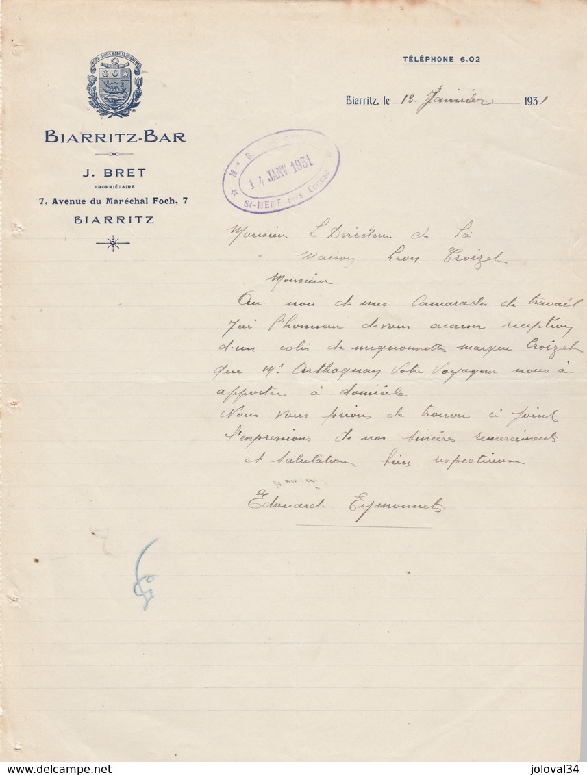 Lettre Illustrée 12/1/1931 J BRET Biarritz Bar BIARRITZ Basses Pyrénées - 1900 – 1949