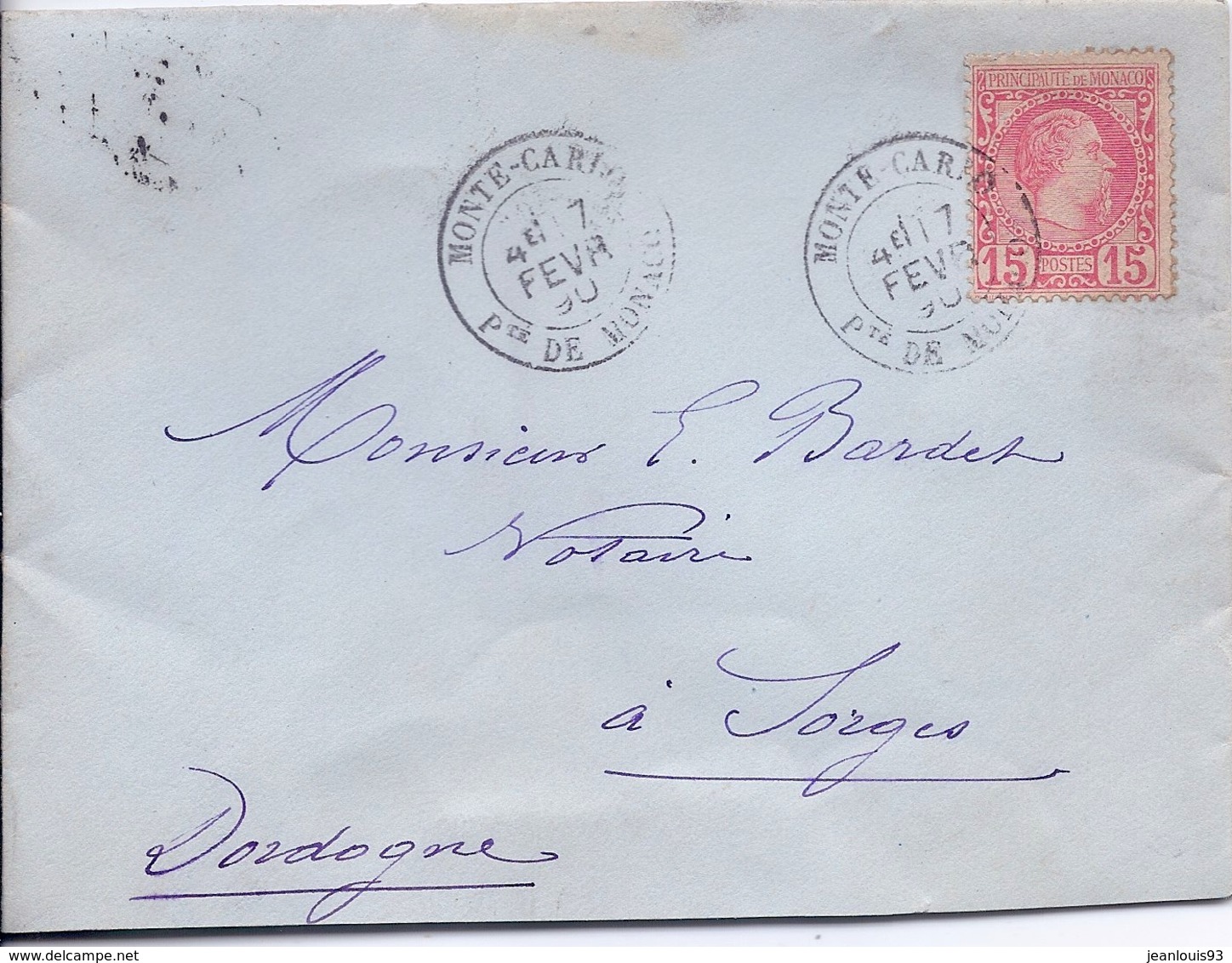 MONACO - LETTRE POUR SORGES DORDOGNE 1890 - Covers & Documents