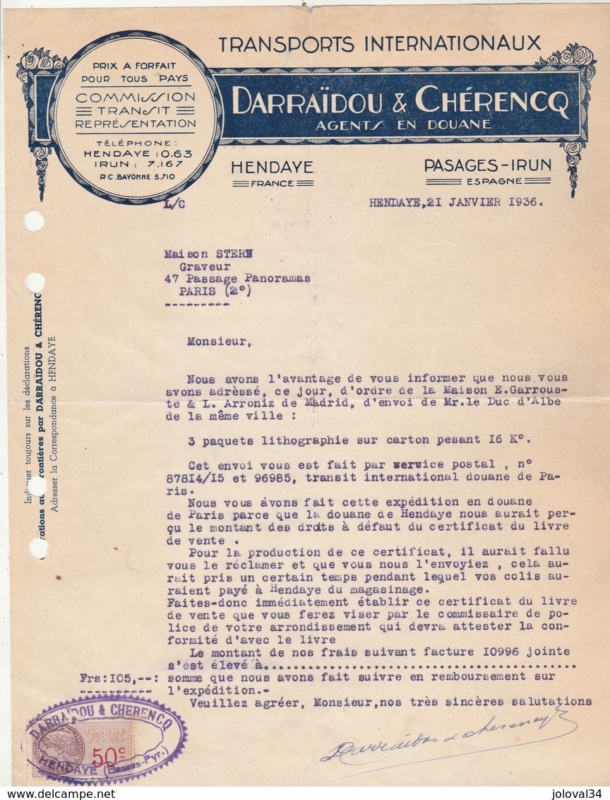 Lettre Illustrée 21/1/1936 DARRAÏDOU & CHERENCQ Transports Internationaux HENDAYE Basses Pyrénées Pasages Irun Espagne - 1900 – 1949