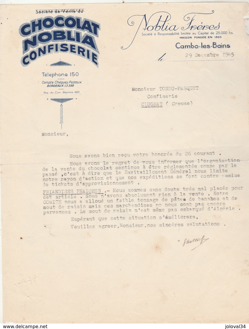 Lettre 29/12/1945 NOBLIA Frères Chocolat Confiserie Noblia CAMBO Les Bains Basses Pyrénées à Clugnat Creuse - 1900 – 1949