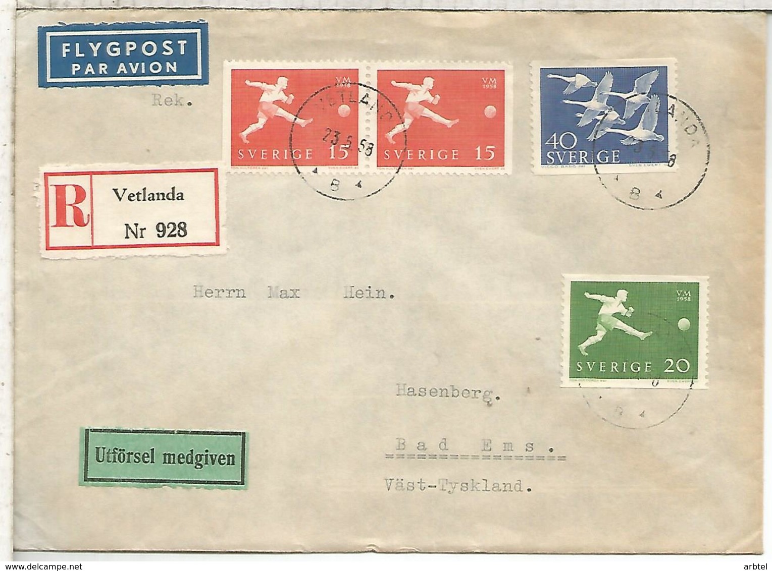 SUECIA VETLANDA CC CERTIFICADA SELLOS FUTBOL FOOTBALL COPA MUNDIAL FIFA - 1958 – Suecia