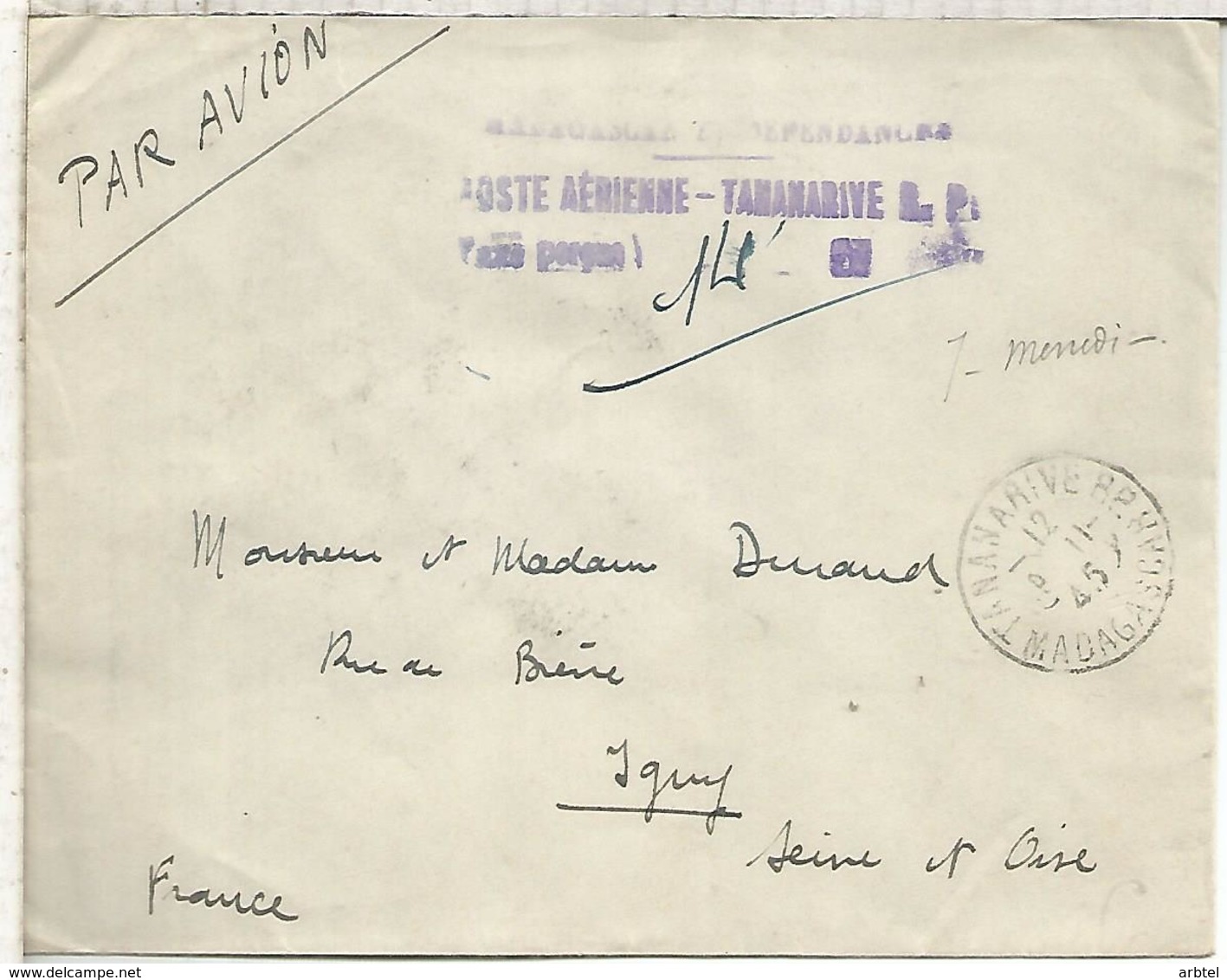 MADAGASCAR TANANARIVE 1945 AIR MAIL COVER TO IGUY TAXE PERCUE - Poste Aérienne