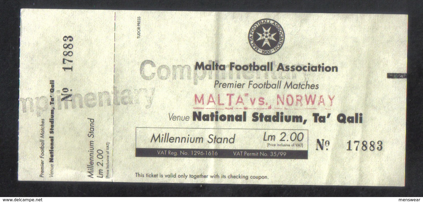 MALTA  -   MALTA  Vs  NORWAY      ( MATCH TICKET 1999 ) - Match Tickets