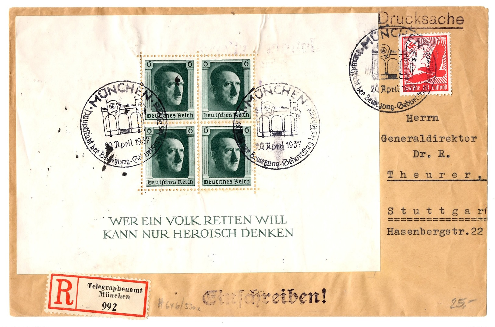 Allemagne/Reich Belle Lettre Entière Recommandée De 1937 Avec Bloc-feuillet YT N° 8. B/TB. A Saisir! - Lettres & Documents