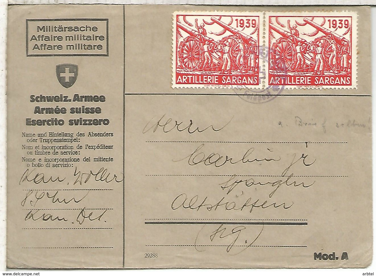 SUIZA SWITZERLAND FELDPOST CORREO MILITAR ARTILLERIE SARGANS CAÑON CANON ARTILLERIE - Militares