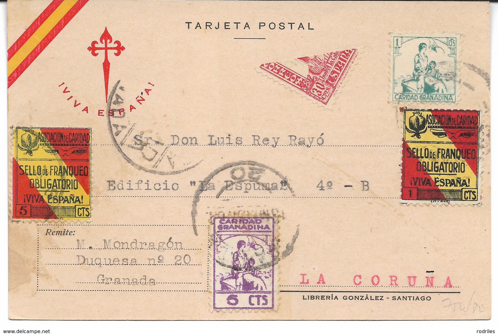 España. Postal Circulada De Granada A La Coruña Con Sellos Locales De Granada Y Bisectado De 30 Cts - Lettres & Documents