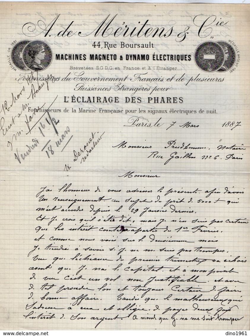 VP14.206 Lettre - Machines Magneto & Dynamo Electriques,Eclairage Des Phares A. De MERITENS & Cie à PARIS Rue Boursault - Electricity & Gas