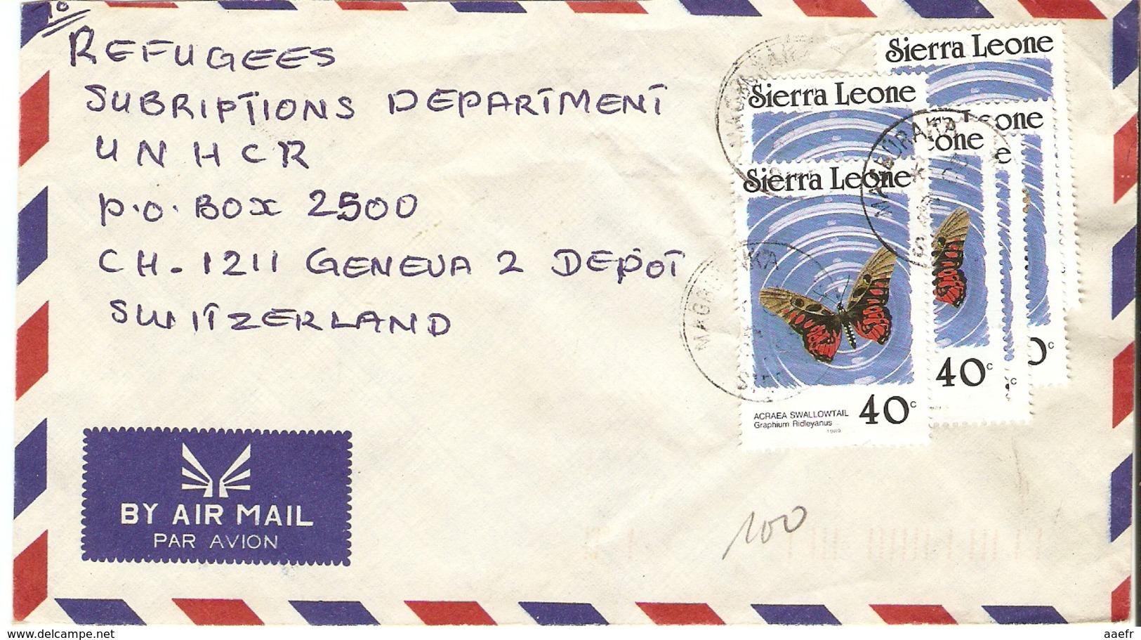 Sierra Leone 1989 - Lettre De Magburaka à Genève, Suisse (UNHCR) - Affranchissement Sc 863 X 6 - Acraea Swallowtail - Sierra Leone (1961-...)