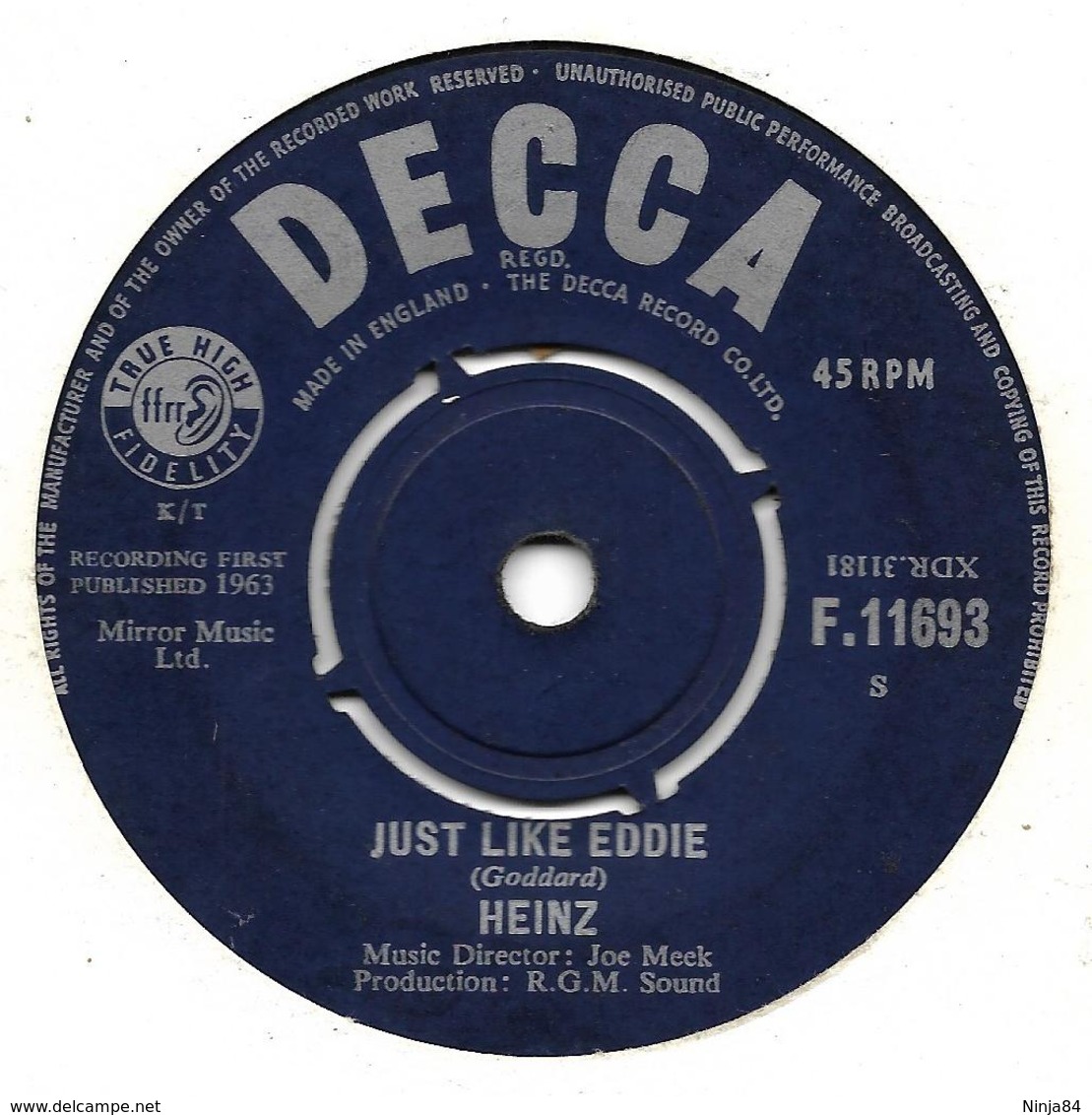 SP 45 RPM (7")   Heinz   "  Just Like Eddie  "  Angleterre - Rock