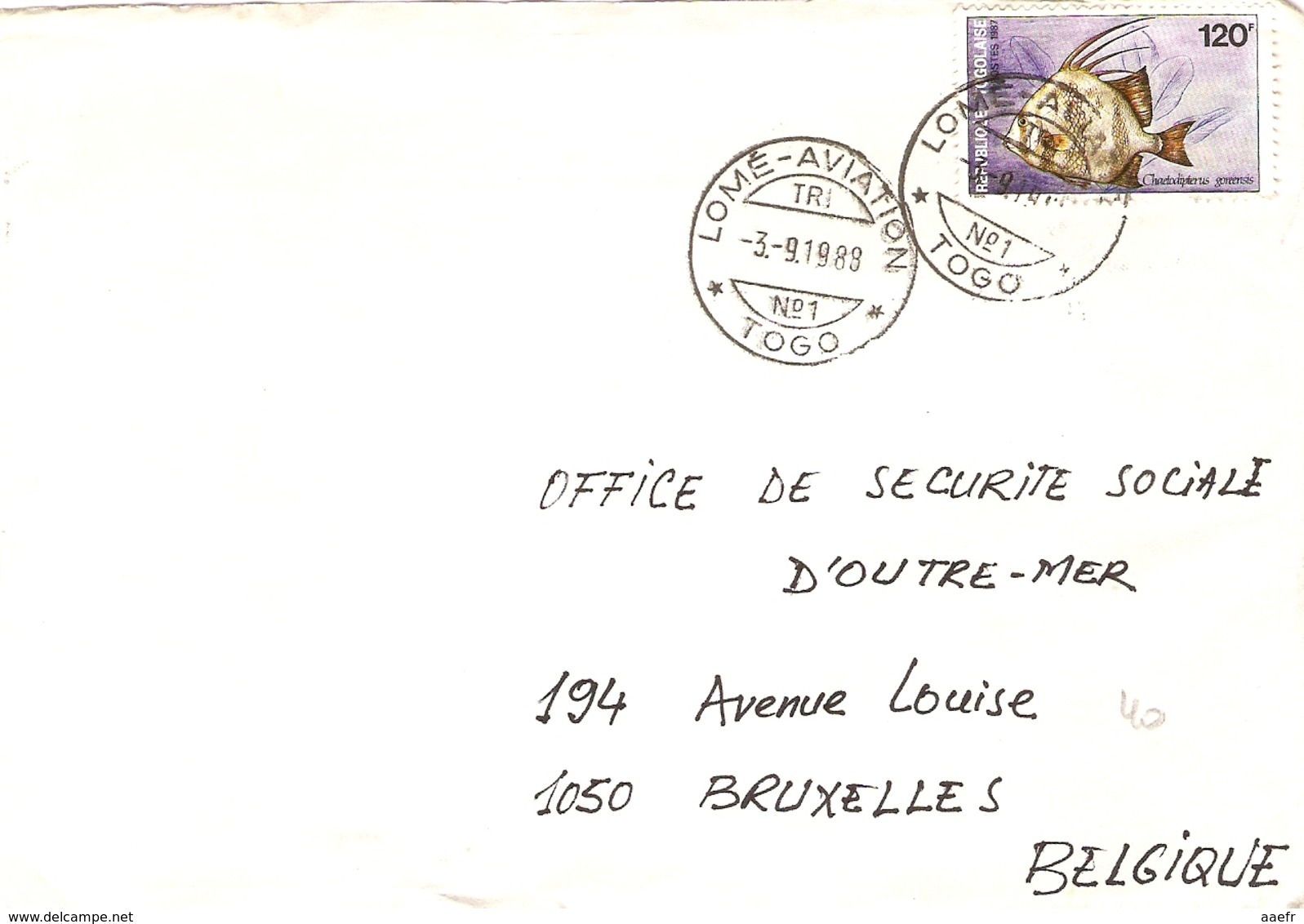 Togo 1988 - Lettre De Lomé - Aviation  L'Office DeSécurité Sociale D'Outre-mer à Bruxelles, Belgique - YT 1222 - Togo (1960-...)