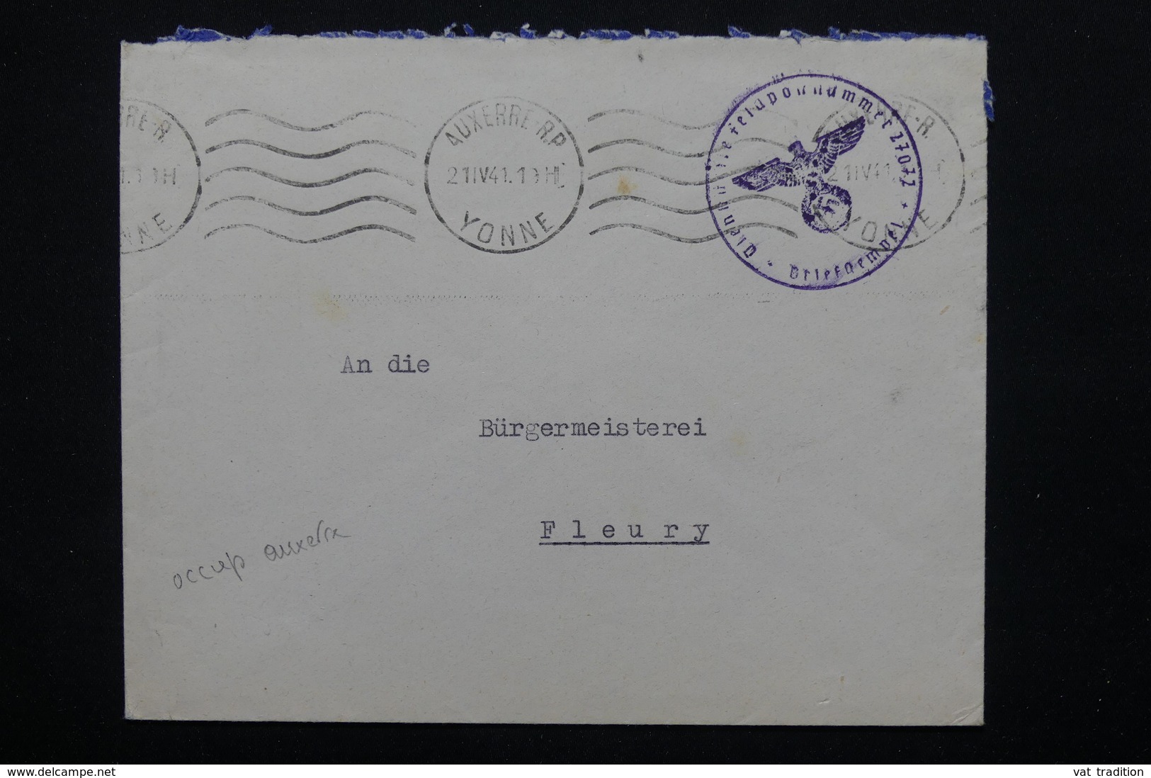FRANCE / ALLEMAGNE - Enveloppe En Franchise Allemande D 'Auxerre En 1941 Pour Fleury - L 20850 - Guerre De 1939-45