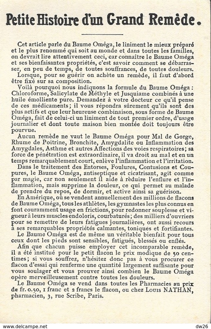 Publicité Baume Oméga (Petite Histoire D'un Grand Remède) - Vieille Femme - Format Carte Postale - Autres & Non Classés