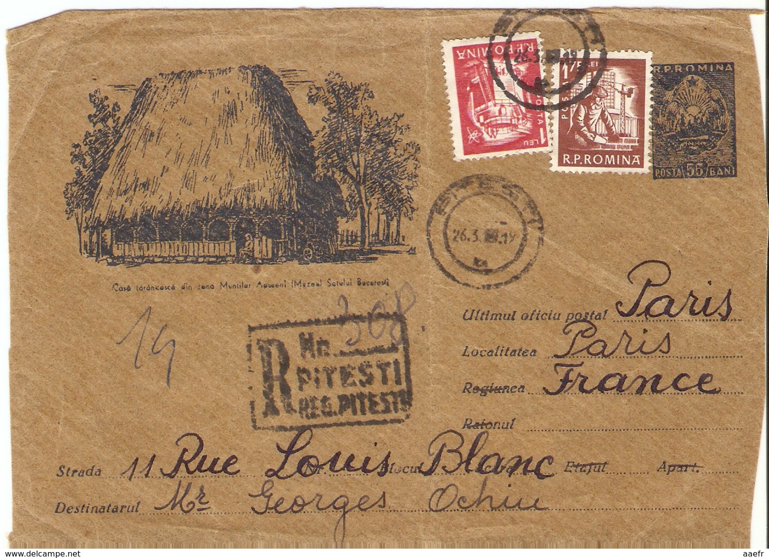 Roumanie 1960? - Devant De Lettre Recommandée De Pitesti à Paris, France - Entier Postal 55b + Complément D'affranchisse - Lettres & Documents